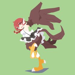  1girl animal_ears bare_shoulders big_o_pants bird_ears bird_legs bird_tail black_feathers black_skirt black_wings blush_stickers breasts commentary feather_fingers feathers fio-chan_(big_o_pants) frilled_skirt frills green_background harpy large_breasts long_hair looking_at_viewer monster_girl open_mouth original ponytail red_eyes red_hair shirt simple_background skirt sleeveless sleeveless_shirt solo standing standing_on_one_leg tail talons white_shirt winged_arms wings 