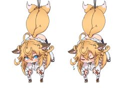  1girl ahoge animal_ear_fluff animal_ears ass blonde_hair blue_eyes blush chibi closed_eyes detached_sleeves ears_down flying_sweatdrops fox_ears geta japanese_clothes kazekiri kitsune messy_hair miko multiple_tails no_panties original sequential solo suspension tabi tail 