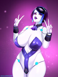  1girl absurdres android asymmetrical_hair black_hair blue_eyes blue_hair blue_leotard blue_ribbon breasts center_opening cowboy_shot curvy demi_(subverse) detached_collar double_v highres joints large_breasts leotard makeup mascara metal_skin multicolored_hair neck_ribbon nofuture patreon_username purple_background purple_lips revealing_clothes ribbon robot_joints solo standing strapless strapless_leotard subverse thigh_gap two-tone_hair v wrist_cuffs 