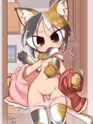 1girl animal_ear_fluff animal_ears black_hair brown_eyes calico cat_ears cat_tail cleft_of_venus cowboy_shot female_focus flat_chest functionally_nude gluteal_fold highres ikkyuu loli looking_at_viewer multicolored_hair nipples nude open_mouth panties panty_pull pink_panties pussy short_hair skindentation solo striped_clothes striped_panties tail thigh_gap thighhighs thighs underwear rating:Explicit score:29 user:jameskb1