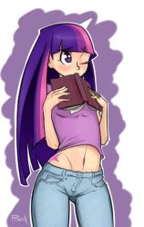 1girl blush book denim flcl-prinny hip_tattoo jeans long_hair midriff multicolored_hair my_little_pony my_little_pony:_friendship_is_magic navel one_eye_closed pants personification pink_hair purple_eyes purple_hair signature solo streaked_hair tattoo twilight_sparkle wink rating:Sensitive score:46 user:danbooru
