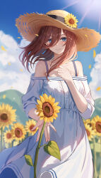 1girl absurdres alternate_costume blue_eyes blue_sky blurry blurry_background closed_mouth cloud commentary_request day dress field flower flower_field go-toubun_no_hanayome hair_between_eyes hand_on_own_chest hand_up hat hat_flower highres long_bangs long_hair looking_at_viewer nakano_miku off-shoulder_dress off_shoulder outdoors outstretched_hand raikun_raikun sky smile solo strap straw_hat sundress sunflower sunflower_field sunlight white_dress rating:Sensitive score:9 user:danbooru