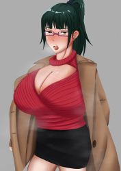  absurdres breasts cleavage coat glasses highres hot huge_breasts jujutsu_kaisen miniskirt ponytail red_sweater skirt stink sweat sweatdrop sweater tongue tongue_out trench_coat zen&#039;in_maki zenin_maki 