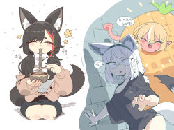  3girls :3 :d absurdres ahoge animal_ear_fluff animal_ears black_hair black_panties black_shirt black_skirt blonde_hair blush braid brown_cardigan cardigan chestnut_mouth chopsticks closed_eyes cocomayo29_(tomato) commentary_request constricted_pupils crossed_bangs eating food fox_ears fox_girl fox_tail hair_between_eyes hand_on_wall highres holding holding_chopsticks hololive korean_text long_sleeves multicolored_hair multiple_girls noodles ookami_mio ookami_mio_(street) open_cardigan open_clothes open_mouth panties pineapple_costume pointy_ears red_hair seiza shirakami_fubuki shirakami_fubuki_(loungewear) shiranui_flare shirt side_braid sitting skirt smile streaked_hair swept_bangs tail translation_request udon underwear virtual_youtuber white_background white_hair wolf_ears wolf_girl 