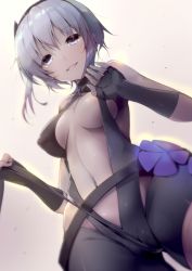 1girl adjusting_clothes akahito areola_slip bare_shoulders black_gloves cameltoe center_opening dark-skinned_female dark_skin fate/prototype fate/prototype:_fragments_of_blue_and_silver fate_(series) fingerless_gloves gloves hassan_of_serenity_(fate) hip_focus looking_at_viewer navel purple_hair smile solo thighs rating:Questionable score:22 user:danbooru