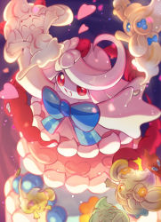  &gt;_o :d absurdres alcremie alcremie_(berry_sweet) alcremie_(flower_sweet) alcremie_(strawberry_sweet) blue_bow blurry bow commentary_request creatures_(company) closed_eyes food fruit game_freak gen_4_pokemon gen_8_pokemon gigantamax gigantamax_alcremie highres nintendo no_humans nullma one_eye_closed open_mouth pokemon pokemon_(creature) rotom rotom_phone smile strawberry 