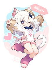  1girl ;3 animal_ears arm_up blue_eyes blue_scarf cat_ears cat_feet cat_girl cat_tail closed_mouth commentary_request full_body fur_trim genshin_impact gou_lianlian_dogface heart highres kemonomimi_mode leg_warmers long_hair long_sleeves looking_at_viewer one_eye_closed paimon_(genshin_impact) pink_leg_warmers pink_ribbon ribbon scarf solo speech_bubble tail white_hair white_romper  rating:General score:14 user:danbooru