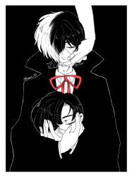  2boys artist_name black_jack_(character) black_jack_(series) border bow closed_eyes closed_mouth coat collared_shirt disembodied_head frown hair_over_one_eye hand_on_another&#039;s_cheek hand_on_another&#039;s_face highres holding_head kamyu_bj long_sleeves male_focus monochrome multicolored_hair multiple_boys red_bow rock_(tezuka_osamu) scar scar_on_face scar_on_hand shirt short_hair simple_background split-color_hair spot_color star_system twitter_username two-tone_hair u_u wing_collar 
