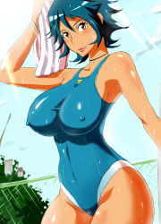  1girl blue_hair breasts competition_swimsuit covered_erect_nipples huge_breasts one-piece_swimsuit original short_hair solo swimsuit towel wet yunioshi  rating:Questionable score:27 user:danbooru