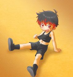  bare_shoulders black_footwear black_hair black_legwear child clothes_lift commentary commission english_commentary gradient_background highres looking_at_viewer midriff midriff_peek mitsui_jun multicolored_hair navel open_mouth original red_eyes red_hair shirt_lift shorts solo spread_legs 
