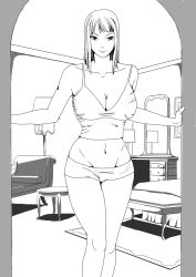  1girl breasts cleavage groin highres large_breasts lineart long_hair looking_at_viewer monochrome navel nico_robin one_piece short_shorts shorts solo standing wumeng500  rating:Sensitive score:10 user:yhjrftgf