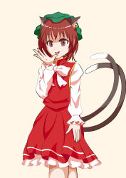 1girl :p animal_ear_piercing animal_ears arm_at_side artistic_error ayuyu_yuka03 bow bowtie brown_eyes brown_hair cat_ears cat_tail chen commentary_request cowboy_shot earrings frilled_sleeves frills gold_trim green_hat hand_up hat highres jewelry long_sleeves looking_at_viewer mob_cap multiple_tails nekomata petticoat puffy_long_sleeves puffy_sleeves red_skirt red_vest short_hair simple_background single_earring skirt skirt_set solo tail tongue tongue_out touhou two_tails vest white_background white_bow white_bowtie wrong_hand