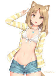  1girl animal_ears bell bikini breasts brown_eyes brown_hair cat_ears cat_girl cat_tail looking_at_viewer medium_breasts navel open_mouth open_pants pants small_breasts smile solo standing swimsuit tagme tail v_hand  rating:Questionable score:8 user:fungibeetle
