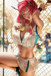  1girl arm_up azur_lane ball bare_shoulders blush breasts bremerton_(azur_lane) bremerton_(scorching-hot_training)_(azur_lane) chain-link_fence cleavage collarbone crop_top crop_top_overhang fence hair_ornament hairclip heart heart_necklace jewelry large_breasts long_hair looking_at_viewer multicolored_hair navel necklace open_mouth pink_eyes pink_hair see-through sidelocks sportswear streaked_hair tennis_ball tennis_uniform thighs twintails two-tone_shirt two-tone_skirt wet wet_clothes wristband x_hair_ornament zumi_(zumidraws)  rating:Questionable score:105 user:danbooru