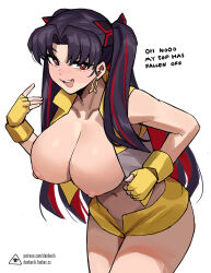  1girl alternate_breast_size artist_logo black_hair blush breasts bright_pupils collarbone commentary cowboy_shot curtained_hair donburi_(donburikazoku) earrings english_commentary english_text eyebrows_hidden_by_hair fanbox_username fate/grand_order fate_(series) fingerless_gloves gloves grey_vest hair_ribbon hand_up hanging_breasts highres ishtar_(fate) jewelry large_breasts leaning_forward long_hair looking_at_viewer multicolored_hair naughty_face navel nipples no_bra nose_blush open_fly open_mouth parted_bangs patreon_logo patreon_username raised_eyebrow red_eyes red_hair ribbon short_shorts shorts simple_background smile solo space_ishtar_(fate) space_ishtar_(second_ascension)_(fate) teeth two-tone_hair two-tone_vest two_side_up upper_teeth_only very_long_hair vest watermark web_address white_background white_pupils yellow_gloves yellow_shorts yellow_vest 