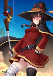  1girl adsouto bandages belt blush breasts brown_hair cloak crotch_seam fingerless_gloves gloves glowing glowing_eyes hand_on_own_hip hat highres holding holding_staff kono_subarashii_sekai_ni_shukufuku_wo! looking_at_viewer megumin panties pantyshot red_eyes short_hair_with_long_locks signature small_breasts smile solo staff thighhighs underwear variant_set witch_hat 