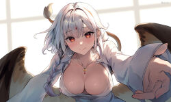  1991_(blz) 1girl blush braid breasts character_request cleavage closed_mouth copyright_request dress highres large_breasts long_hair looking_at_viewer low_wings mixed-language_commentary outstretched_arms red_eyes single_braid smile solo tail upper_body virtual_youtuber white_dress white_hair wings 