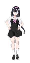  1girl absurdres black_dress black_footwear black_hair blue_eyes bow breasts commentary_request dress frown hairband hands_on_own_hips highres long_hair low-tied_long_hair medium_breasts original pink_bow pink_hairband sailor_dress shiwasu_no_okina shoes short_dress socks solo sweatdrop white_socks 