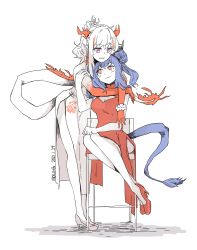  2girls absurdres arknights bare_arms bare_legs blue_hair braid breasts ch&#039;en_(ageless_afterglow)_(arknights) ch&#039;en_(arknights) chair china_dress chinese_clothes cleavage cleavage_cutout closed_mouth clothing_cutout colored_skin commentary double_bun dragon_horns dragon_tail dress english_commentary full_body hair_bun hand_on_another&#039;s_arm high_heels highres horns hug hug_from_behind looking_at_another medium_breasts mou_iiyo multicolored_hair multiple_girls nian_(arknights) nian_(unfettered_freedom)_(arknights) official_alternate_costume parted_lips pelvic_curtain pointy_ears ponytail purple_eyes red_dress red_eyes red_footwear red_hair red_skin scrunchie shadow side_braid side_slit sidelocks simple_background sitting sleeveless sleeveless_dress smile standing streaked_hair tail white_background white_dress white_footwear white_hair white_skin wrist_scrunchie yuri 
