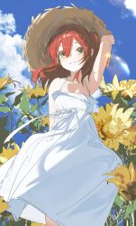  1girl absurdres bare_arms bare_shoulders blue_sky bocchi_the_rock! cloud day dress field flower flower_field green_eyes hand_on_headwear hands_on_headwear hat highres kita_ikuyo looking_at_viewer medium_hair outdoors qtian red_hair sky sleeveless sleeveless_dress smile solo straw_hat sun_hat sundress sunflower sunflower_field white_dress 