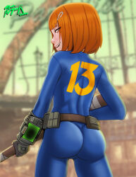  1girl absurdres andava artist_name ass back bandaid bandaid_on_face bandaid_on_nose belt belt_pouch blue_bodysuit blue_eyes blurry blurry_background bodysuit child cowboy_shot fallout_(series) female_focus from_behind gluteal_fold gun hair_ornament hairclip highres holding holding_gun holding_weapon loli long_sleeves looking_at_viewer looking_back miranda_(lilandy) orange_hair original pale_skin pip_boy pouch short_hair smile solo teeth thighs tight_clothes upper_teeth_only weapon  rating:Sensitive score:367 user:MonsieurCinq