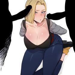  1girl 2boys :o android_18 arms_behind_back black_footwear black_vest blonde_hair blue_eyes blue_pants blush bob_cut bound bound_wrists breasts cleavage denim dragon_ball dragonball_z earrings erection grey_shirt group_sex half-closed_eyes highres imminent_rape jeans jewelry kneeling large_breasts long_sleeves looking_at_viewer mmf_threesome multiple_boys pants parted_lips penis penis_on_face ratatatat74 shirt shoes simple_background sweat sweatdrop threesome tsurime vest white_background  rating:Explicit score:265 user:danbooru