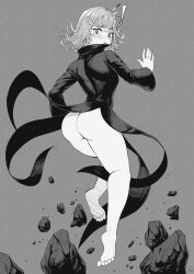  ! 1girl absurdres accidental_exposure ass ass_focus barefoot dress floating floating_rock greyscale highres looking_back monochrome no_panties one-punch_man short_hair solo speedl00ver tatsumaki upskirt  rating:Questionable score:82 user:danbooru