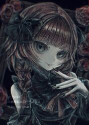 1girl artist_name bare_shoulders black_bow black_dress black_nails blue_eyes blunt_bangs bow braid breasts brown_hair buttons chromatic_aberration closed_mouth clothing_cutout commission dress female_focus finger_to_mouth flower frilled_dress frills gothic_lolita hair_bow hair_tie hand_up happy lolita_fashion long_sleeves looking_at_viewer medium_breasts medium_hair nail_polish neck_ribbon neverland+ original pale_skin red_flower red_ribbon red_rose ribbon rose shoulder_cutout sidelocks skeb_commission smile solo tongue tongue_out twin_braids twitter_username upper_body watermark