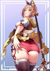 1girl absurdres artist_request ass ass_grab atelier_(series) atelier_ryza atelier_ryza_1 atelier_ryza_2 bad_id bad_pixiv_id bare_shoulders blush boots breasts brown_eyes brown_hair brown_thighhighs deep_skin from_behind from_below hair_ribbon hat highres huge_ass large_breasts looking_at_viewer looking_back looking_down open_mouth red_shorts reisalin_stout ribbon shiny_clothes shiny_skin short_hair short_shorts shorts sideboob smile solo staff thigh_boots thighhighs thighs white_hat white_thighhighs rating:Questionable score:31 user:armorcrystal