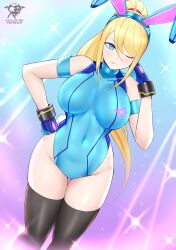  1girl absurdres alternate_costume animal_ears armlet artist_logo black_thighhighs blonde_hair blue_eyes blue_gloves blue_hairband blue_leotard breasts clenched_hands closed_mouth covered_navel cowboy_shot fake_animal_ears gloves groin hairband hand_on_own_hip high_ponytail highleg highleg_leotard highres kaos_art large_breasts leotard long_hair looking_at_viewer metroid mole mole_under_mouth nintendo one_eye_closed playboy_bunny rabbit_ears rabbit_tail samus_aran smile solo sparkle tail thigh_gap thighhighs thighs very_long_hair 