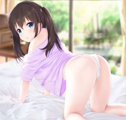  1girl all_fours ass bad_id bad_pixiv_id bed_sheet blue_eyes blurry blurry_background blush brown_hair commentary_request depth_of_field hair_between_eyes highres indoors long_hair looking_at_viewer mito_ichijyo no_pants off_shoulder original oversized_clothes oversized_shirt panties parted_lips purple_shirt shirt solo twintails underwear white_panties window 