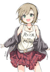  1girl :d bare_shoulders belt belt_buckle black_shirt blush breasts buckle character_name cowboy_shot dot_nose green_eyes headphones idolmaster idolmaster_cinderella_girls jewelry kuresuku_(lessons) light_brown_hair long_sleeves looking_at_viewer necklace off_shoulder open_mouth outstretched_arms plaid plaid_skirt print_shirt shirt short_hair simple_background skirt sleeveless sleeveless_shirt small_breasts smile solo studded_belt tada_riina white_background 