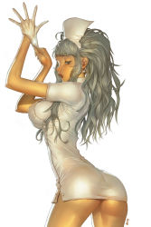 alien1452 ass breasts earrings gloves grey_hair highres jewelry large_breasts long_hair nurse skindentation rating:Questionable score:116 user:Lizard