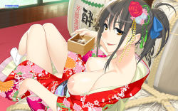 1girl alcohol artist_name bare_shoulders black_hair breasts breasts_out brown_eyes cleft_of_venus collarbone floral_print flower from_behind game-style hair_bun hair_flower hair_ornament highres holding indoors ino_(magloid) japanese_clothes kimono kimono_pull knees_together_feet_apart knees_up large_breasts looking_at_viewer looking_back masu naked_kimono nipples original parted_lips red_kimono sake single_hair_bun sitting smirk solo tabi thighs wakamezake watermark rating:Explicit score:40 user:danbooru