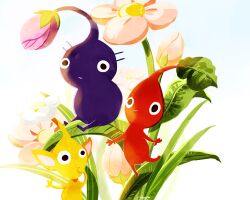  absurdres artist_name black_eyes blue_background bud closed_mouth colored_skin commentary english_commentary flower gradient_background hand_on_own_face highres leaf light_frown nintendo no_mouth pikmin_(creature) pikmin_(series) pink_flower pointy_ears pointy_nose purple_hair purple_pikmin purple_skin red_pikmin red_skin short_hair simple_background sitting sonia_lai very_short_hair white_background white_flower yellow_pikmin yellow_skin 