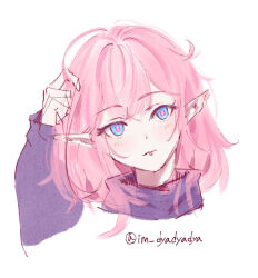 1girl arm_up blue_eyes blue_sweater blush closed_mouth commentary dyadyadya elysia_(honkai_impact) head_tilt honkai_(series) honkai_impact_3rd long_hair long_sleeves pink_hair pointy_ears portrait puffy_long_sleeves puffy_sleeves simple_background sketch sleeves_past_wrists solo sweater symbol-only_commentary turtleneck turtleneck_sweater twitter_username wavy_mouth white_background rating:General score:3 user:danbooru