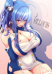1girl absurdres ahoge azur_lane bare_shoulders blue_hair blush breasts character_name cleavage collarbone commentary_request elbow_gloves eyes_visible_through_hair garter_straps gloves hair_between_eyes hair_ornament hands_on_own_chest highres huge_breasts kira_kazuki long_hair looking_at_viewer open_mouth purple_eyes shiny_skin sideboob simple_background sitting smile solo st._louis_(azur_lane) teeth thighhighs white_gloves white_thighhighs rating:Sensitive score:39 user:danbooru