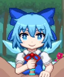  1boy 1girl animated bar_censor blue_bow blue_eyes blue_hair bow censored cirno clothed_female_nude_male cum cum_on_hair ejaculation facial forest grin hair_bow handjob hetero hudero ice ice_wings looking_at_viewer nature nude outdoors penis pixel_art pov smile touhou video wings  rating:Explicit score:82 user:TarNaSharPa