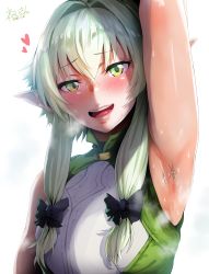  10s 1girl 2018 absurdres arm_up armpit_hair armpits bad_id bad_pixiv_id black_bow blush bow dated elf goblin_slayer! green_eyes green_hair hair_bow half-closed_eyes heart heavy_breathing hero_neisan high_elf_archer_(goblin_slayer!) highres huge_filesize looking_at_viewer open_mouth pink_lips pointy_ears presenting_armpit sidelocks signature simple_background sleeveless smell solo steam sweat sweat_stain teeth upper_body upper_teeth_only wavy_mouth white_background  rating:Questionable score:135 user:sageeggplant