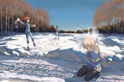  &gt;_&lt; 3girls absurdres aki_(girls_und_panzer) black_pantyhose black_socks blue_jacket blue_skirt blue_sky boots brown_hair closed_eyes footprints foreshortening girls_und_panzer highres holding_snowball jacket loafers long_sleeves mika_(girls_und_panzer) mikko_(girls_und_panzer) multiple_girls open_mouth outdoors pants pants_under_skirt pantyhose red_hair scenery shoes short_hair skirt sky snow snowball snowball_fight socks squatting standing tread_marks tree tulip_hat twintails wuschelminityp 