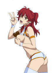  00s 1girl ass between_breasts breasts chocolate clothes_lift covering_privates covering_breasts cowboy_shot earrings freckles gundam gundam_00 jewelry kizaki long_hair nena_trinity open_mouth red_hair shirt_lift simple_background solo thighhighs v white_background yellow_eyes  rating:Questionable score:54 user:danbooru
