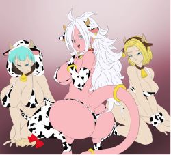  android android_18 android_21 animal_ears animal_print ass bikini blonde_hair blue_eyes blue_hair breasts bulma closed_mouth collar colored_skin cow_ears cow_girl cow_horns cow_print cowbell dragon_ball dragonball_z gradient_background horns huge_ass large_breasts long_hair majin_android_21 open_mouth pink_skin ribbon smirk swimsuit tail white_hair  rating:Questionable score:25 user:Black_Xogum