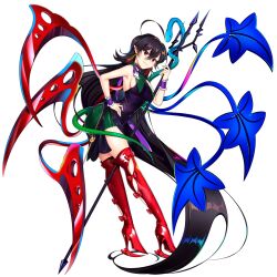  1girl absurdly_long_hair adapted_costume ahoge asymmetrical_wings black_dress black_hair blue_wings boots breasts closed_mouth dress earrings full_body game_cg high_heel_boots high_heels highres houjuu_nue jewelry long_hair looking_at_viewer medium_hair pointy_ears polearm red_eyes red_footwear red_wings rotte_(1109) sideboob simple_background solo third-party_source touhou touhou_lostword trident very_long_hair weapon white_background wings wrist_cuffs 