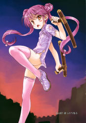 1girl :o ass blush chinese_clothes comic_rin covered_erect_nipples double_bun dual_wielding fighting_stance flat_chest focke_wulf hair_bun highres holding loli long_hair no_panties open_mouth original pink_thighhighs purple_hair solo standing standing_on_one_leg thighhighs tonfa twintails weapon yellow_eyes rating:Questionable score:84 user:danbooru