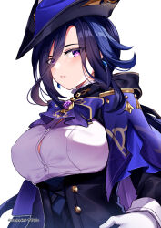 1girl ascot black_corset blue_cape blue_hair breasts button_gap cape clorinde_(genshin_impact) commentary corset dark_blue_hair drop_earrings earrings english_commentary epaulettes framed_breasts genshin_impact gloves hair_between_eyes hat hat_feather highres jewelry large_breasts long_hair long_hair_between_eyes looking_at_viewer low_ponytail multicolored_hair paid_reward_available parted_lips purple_ascot purple_eyes sasha_chii shirt solo streaked_hair taut_clothes taut_shirt tricorne white_background white_gloves white_shirt 
