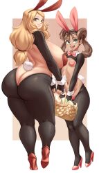  2girls absurdres animal_ears ass basket black_thighhighs blonde_hair blue_eyes border breasts brown_hair butt_crack closed_mouth creatures_(company) dotil easter_egg egg fake_animal_ears from_behind full_body game_freak green_eyes heart_maebari heart_pasties high_heels highres holding holding_basket huge_ass huge_breasts looking_at_viewer maebari meme_attire multiple_girls nintendo open_mouth pasties pink_footwear pokemon pokemon_xy quad_tails rabbit_ears rabbit_tail red_footwear reverse_bunnysuit reverse_outfit serena_(pokemon) shauna_(pokemon) simple_background small_breasts smile standing teeth thighhighs tongue white_border  rating:Questionable score:44 user:DarkToonLink