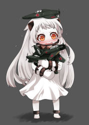  10s 1girl abyssal_ship ahoge aircraft airplane dress horns jariinu_(gomasionori) jewelry kantai_collection kyuushuu_j7w_shinden long_hair lots_of_jewelry mittens northern_ocean_princess hugging_object open_mouth pale_skin red_eyes solo standing wavy_mouth white_dress white_hair 