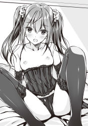  1girl :d bed_sheet blush breasts collarbone elbow_gloves floating_hair gloves greyscale hair_ornament highres indoors kobayashi_chisato lingerie long_hair looking_at_viewer monochrome nipples novel_illustration official_art open_mouth panties shiny_clothes shiny_legwear sitting small_breasts smile solo soushokukei_na_succubus_da_kedo_ecchi_na_lesson_shite_kuremasu_ka? thighhighs twintails underwear underwear_only  rating:Questionable score:27 user:danbooru