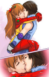 2girls 4chan ass ass_grab breast_press breasts brown_hair close-up closed_eyes couple cowboy_shot crossover drawfag french_kiss from_side gradient_background grey_background hair_between_eyes held_up high_collar hug interface_headset jumpsuit kazama_asuka kiss lap large_breasts leg_lock lips long_hair multiple_girls multiple_views name_connection neon_genesis_evangelion orange_hair plugsuit rebuild_of_evangelion short_hair souryuu_asuka_langley sports_bra standing standing_leg_lock tekken twintails two_side_up white_background yuri rating:Questionable score:110 user:Hepooh
