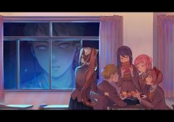  2boys 4girls absurdres black_skirt blazer book bow brown_hair brown_jacket classroom collared_shirt commentary_request cowboy_shot cursor curtains desk doki_doki_literature_club earphones faceless faceless_male food hair_bow hair_ornament hair_ribbon hairclip highres hitsuji123_zzz holding holding_book holding_food holding_tray jacket letterboxed long_sleeves looking_at_another monika_(doki_doki_literature_club) muffin multiple_boys multiple_girls natsuki_(doki_doki_literature_club) neck_ribbon pink_hair pleated_skirt ponytail protagonist_(doki_doki_literature_club) purple_eyes purple_hair red_ribbon reflection ribbon sayori_(doki_doki_literature_club) school_desk shirt short_hair sitting skirt tray two_side_up v-shaped_eyebrows white_bow white_shirt window yuri_(doki_doki_literature_club)  rating:Sensitive score:48 user:danbooru